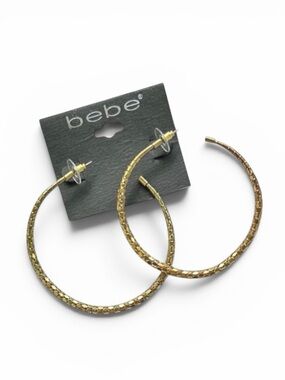 BeBe Gold Diamond Cut Textured Large Hoop Earrings